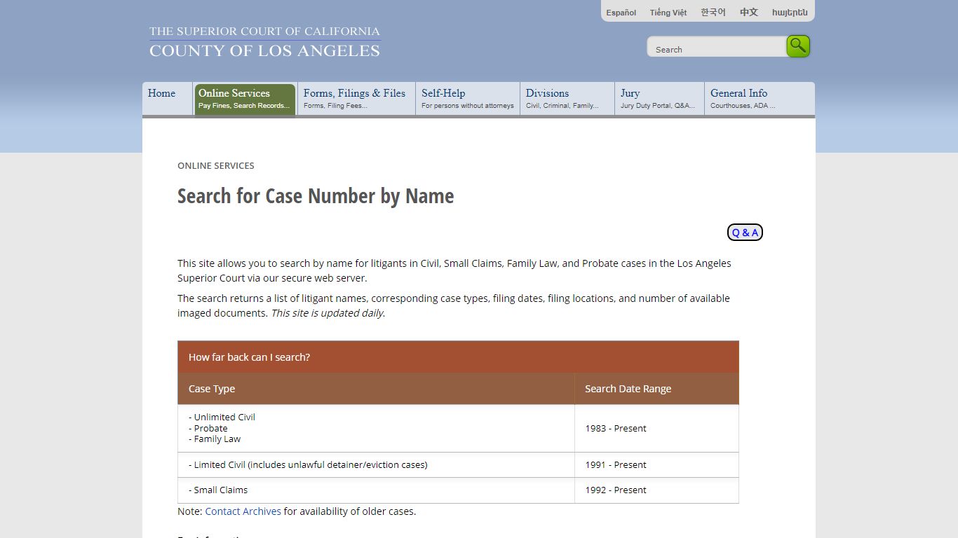 Search for Case Number by Name - Online Services - LA Court